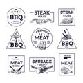 Meat logo. Hand drawn steakhouse, butchery and market labels with sausages or pork slices sketches. Isolated premium barbeque