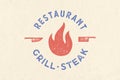 Meat logo. Logo for grill house restaurant with icon fire, knife