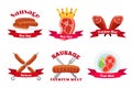 Meat logos, labels. Fresh meat, sausages, pork in flat style.