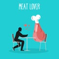Meat lovers. Lover in cafe. Man and ham sits at table. hind quarter in restaurant. Pork in dining room. Romantic date in public p