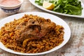 Meat Machboos or beef majboos rice with lemon slice served in dish isolated on table top view of arabic food Royalty Free Stock Photo