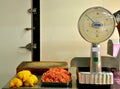 Meat market in Florence, Italy with old scales and raw meat