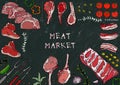 Meat Market. Meat Cuts - Beef, Pork, Lamb, Steak, Boneless Rump, Ribs Roast, Loin and Rib Chops. Tomato, Olives, Bell Pepper, Onio