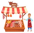 Meat market stand. Cartoon butcher store counter