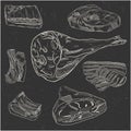 Meat outline icon set vector illustration. Hand drawn pork steaks with or without bone, jamon, prosciutto and ribs in white lines