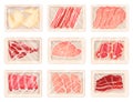 Meat packaging icons. Plastic tray of steaks, ham, bacon of pork, beef and lamb. Products for counter of the butcher