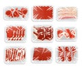 Meat packaging illustration. Plastic tray of minced meat, steaks, ham, bacon of pork, beef and lamb. Products on the Royalty Free Stock Photo