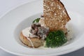 Meat patties with cooked broccoli mushrooms - chanterelles with white sauce