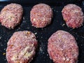 Meat patties semi-finished products, sprinkled with breadcrumbs, neatly spread on a baking sheet before cooking in the oven.