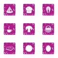 Meat patty icons set, grunge style