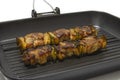 Meat and pepper skewers in a non-stick pan. Royalty Free Stock Photo