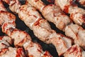 Meat pickled cooked in chunks on barbecue, close-up, selective focus