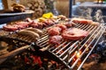 The meat is pickled on a lattice grill, ribs spread, a stake, Sausages, edges, chicken, naked flame, black pepper, a