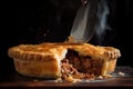 meat pie being eaten, steam rising from the flaky pastry crust