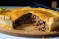 meat pie with flaky pastry and oozing chunks of tender beef