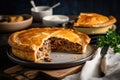 meat pie, ready to be devoured, with flaky crust and juicy filling on plate