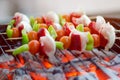 Meat Pieces With Vegetables On Wooden Stick Royalty Free Stock Photo