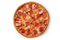 Meat pizza with bacon, pepperoni sausage, mushrooms, olives and tomatoes Royalty Free Stock Photo