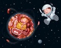 Meat planet in space, hungry astronaut flies around her with a knife and fork