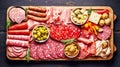 Assortment of natural delicious deli meats with vegetables and olives on wooden board on wooden background Royalty Free Stock Photo