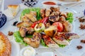Meat plate - grilled kebabs from chiken meat, with grilled vegetables