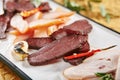 Meat Platter with Thin Slices of Cured Ham, Veal, Chicken, Pork, Beef and Sausages on White Plate Royalty Free Stock Photo