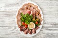 Meat platter in a white plate close-up. Baked ham, Spanish ham, roast beef, smoked duck breast copy space Royalty Free Stock Photo