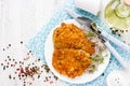 Meat pork chop in bread crumbs garnished with green buckwheat, h Royalty Free Stock Photo