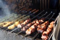 meat and potatoes fried on skewers in summer Royalty Free Stock Photo