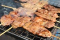 The meat is preparing on the grill, street food in Bangkok, Thailand