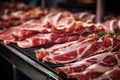 Meat processing plant. Slices of fresh bacon and mint slices on a conveyor belt in the workshop. Arrival of jamon or cold cuts.