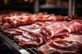 Meat processing plant. Slices of fresh bacon and mint slices on a conveyor belt in the workshop. Arrival of jamon or cold cuts.