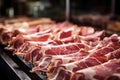 Meat processing plant. Slices of fresh bacon and mint slices on a conveyor belt in the workshop. Arrival of jamon or cold cuts.