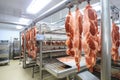 Meat processing plant. Work process for meat production. Arrival of jamon or cold cuts. Production of pork or beef in a modern Royalty Free Stock Photo