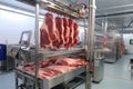 Meat processing plant. Work process for meat production. Arrival of jamon or cold cuts. Production of pork or beef in a modern