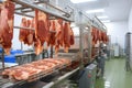 Meat processing plant. Work process for meat production. Arrival of jamon or cold cuts. Production of pork or beef in a modern