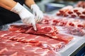 Meat processing plant. A worker sorts cold cuts on a conveyor belt. Arrival of jamon or cold cuts. Production of pork or beef in a