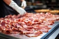 Meat processing plant. A worker sorts cold cuts on a conveyor belt. Arrival of jamon or cold cuts. Production of pork or beef in a