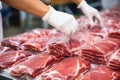 Meat processing plant. A worker sorts cold cuts on a conveyor belt. Arrival of jamon or cold cuts. Production of pork or beef in a