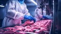 Meat processing or quality control process in the food industry environment.
