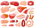 Meat products. Cartoon butchery shop food, chicken, beef steak, pork, prime rib, bacon slice and sausages. Fresh meat Royalty Free Stock Photo
