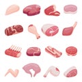 Meat products cartoon elements. Butcher shop, pork and beef sliced, chicken or turkey. Isolated steakhouse raw