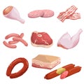 Meat products in cartoon style set. Butcher shop icons. Chicken legs, bacon slices, smoked sausage, pork bristle, salami, motadell Royalty Free Stock Photo