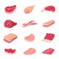 Meat products. Fresh tasty meats, isolated raw beef pork ribs. Chicken fillet, lunch dinner food. Sirloins pieces