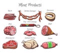 Meat Products Hand Drawn Color Illustration