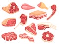 Meat products. Raw lamb sliced, pork belly stake. Ham and chicken parts. Cutting meats and birds. Gourmet food elements