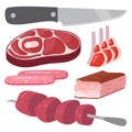 Meat products set of cartoon gourmet meal slice lamb cooked vector illustration