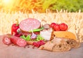 Meat products.Smoked ham,sausage,bacon,vegetables Royalty Free Stock Photo