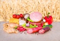 Meat products.Smoked ham,sausage,bacon,vegetables Royalty Free Stock Photo