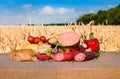 Meat products.Smoked ham,sausage,bacon,vegetables Royalty Free Stock Photo